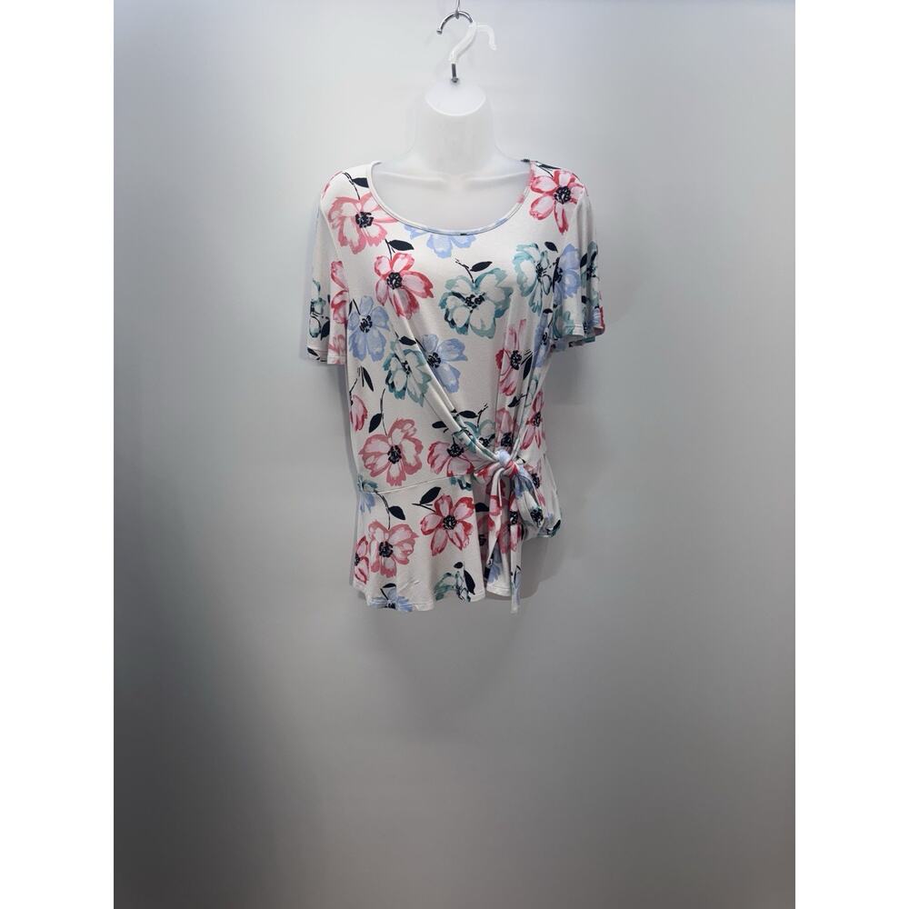 Como Blu White Floral Short Sleeve Blouse High Low Front Tied Women’s Size XXL